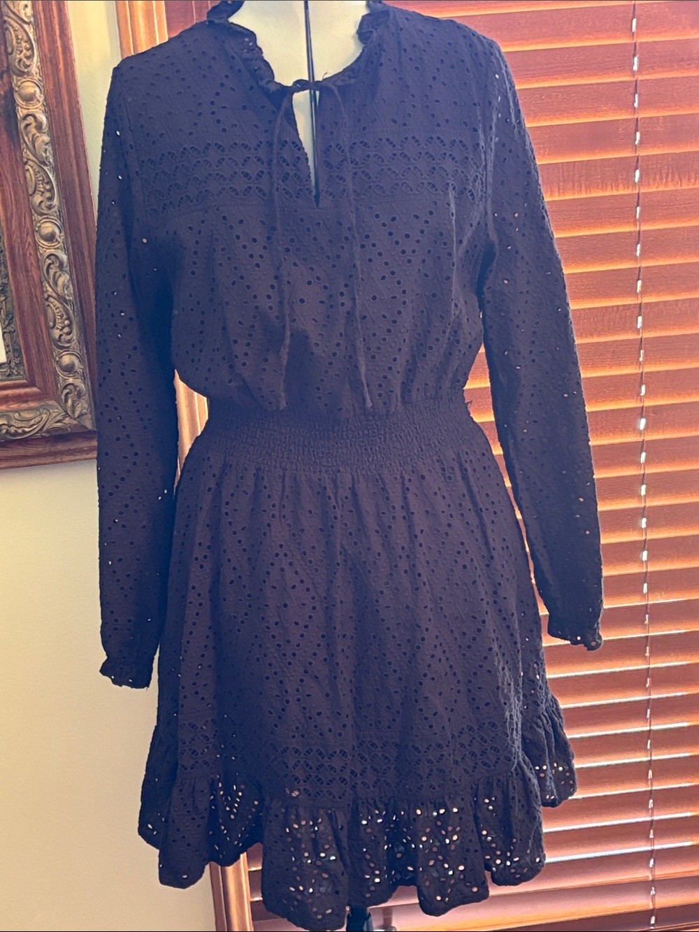 Belldini Black Eyelet Smocked Waist Ruffle Mini Dress Size XL